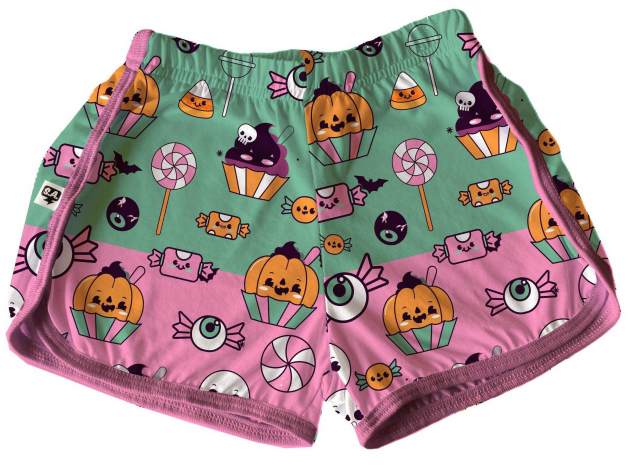 Short Tactel Feminino Infantil Halloween Verde E Rosa Doces 